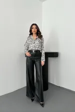 Toptan Ekru Leopar Desenli Saten Gömlek