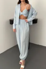 Toptan Bebe Mavi Gipe Detaylı Üçlü Takım