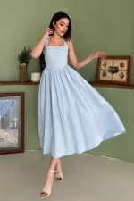 Toptan Mavi Boyundan Bağlamalı Keten Elbise