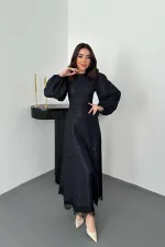 Toptan Lacivert Kabartmalı Dantel Detaylı Kemerli Uzun Elbise