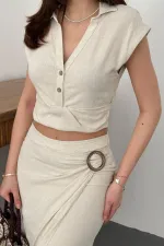 Toptan Bej Keten Gömlek Ve Etek Takım