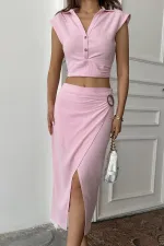 Toptan Pudra Keten Gömlek Ve Etek Takım