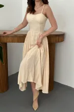 Toptan Bej Göğüs Kuplu Uzun Büzgülü Elbise