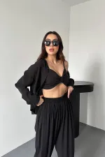 Toptan Siyah Gipe Detaylı Üçlü Takım