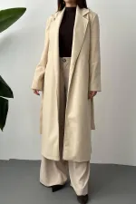 Toptan Bej Kuşaklı Midi Kaban