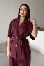 Toptan Bordo Keten Gömlekli Takım