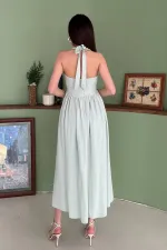 Toptan Mint Boyundan Bağlamalı Keten Elbise