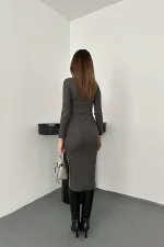 Toptan Antrasit Eteği Yırtmaçlı Triko Elbise