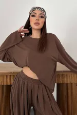 Ensemble haut et bas marron à manches longues en gros