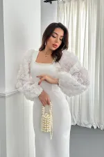 Wholesale Ecru Floral Sleeved Atlas Dress