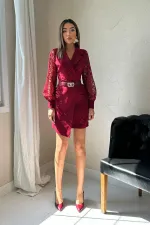 Wholesale Burgundy Laced Sleeve Atlas Dress
