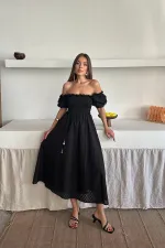 Toptan Siyah Gipeli Brode Elbise