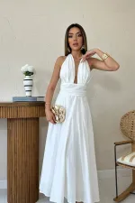 Toptan Beyaz Askılı Keten Elbise