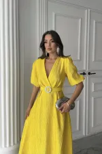 Toptan Sarı Işıltılı Kemerli Kruvaze Elbise
