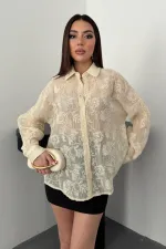 Toptan Bej Nakışlı Oversıze Gömlek