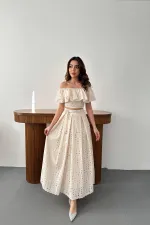 Toptan Bej Gipeli Bluz Etek Takım