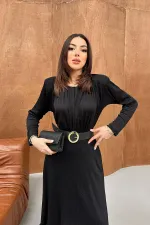 Toptan Siyah Işıltılı Deri Kemer Detaylı Elbise
