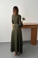 Toptan Haki Balon Kollu Kuşaklı Elbise