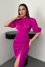 Toptan Koyu Fuşya Büzgülü Saten Elbise