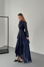 Toptan Lacivert Bel Detaylı Elbise