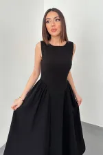 Robe mi-longue plissée noire en lin, vente en gros
