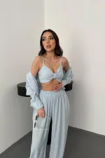 Toptan Bebe Mavi Gipe Detaylı Üçlü Takım