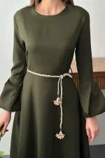 Toptan Haki Balon Kollu Kuşaklı Elbise