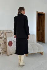 Toptan Siyah Düğmeli Ceket Ve Etek Takım