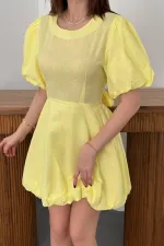 Toptan Sarı Arkadan Bağlamalı Keten Elbise