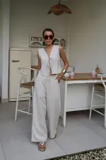 Costume en lin beige avec nœud sur le devant, vente en gros