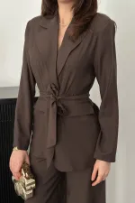 Toptan Kahverengi Belden Bağlamalı Ceket Ve Pantolon Takım