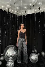 Toptan Siyah Gümüş Beli Lastikli Pullu Pantolon