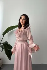 Toptan Pudra Fırfırlı Bluz Lastikli Etek Takım