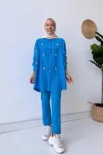 Wholesale Blue Classic Stoned Linen Suit Set