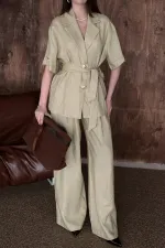 Toptan Bej Keten Gömlekli Takım