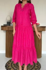 Toptan Fuşya Dantelli New Elbise