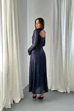 Toptan Lacivert Sırt Dekolteli Pulpayet Elbise