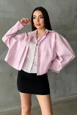 Toptan Pembe Çizgi Garnili Oversıze Gömlek