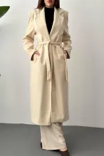 Toptan Bej Kuşaklı Midi Kaban