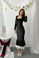 Toptan Siyah Alt Eteği Volanlı Kadife Elbise