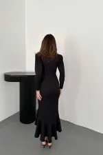 Toptan Siyah Volanlı Atlas Elbise