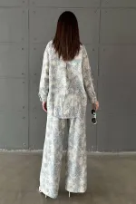 Wholesale Blue Leopard Patterned Jacket and Trousers Linen Suit