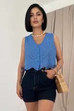 Toptan Mavi Sıfır Kol Brode Bluz