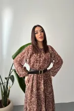 Toptan Kahverengi Fırfırlı Şifon Elbise