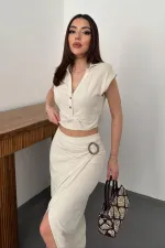 Toptan Bej Keten Gömlek Ve Etek Takım