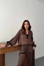 Survêtement en satin rayé velours marron, vente en gros