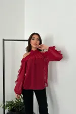 Toptan Bordo Omuzları Açık Bluz