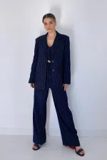 Wholesale Navy Blue Striped Jacket & Vest and Trouser Set