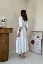 Toptan Beyaz Işıltılı Kemerli Kruvaze Elbise