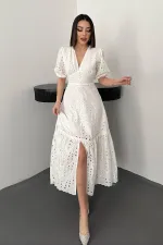 Toptan Beyaz Büzgü Detaylı Dantelli Brode Elbise